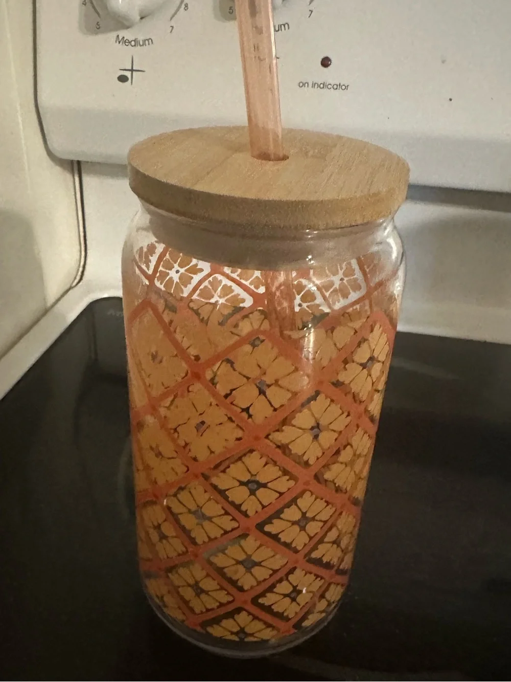 Orange Patterned Jar with Bamboo Lid - Home Accents